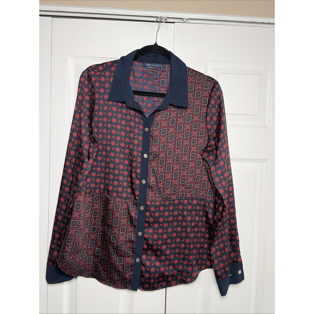 Tommy Hilfiger Patchwork Foulard Blouse Womens Size L Navy Red Paisley Silky